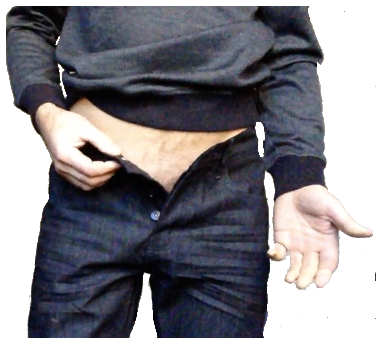 man unbuttoned jeans gesturing with hand