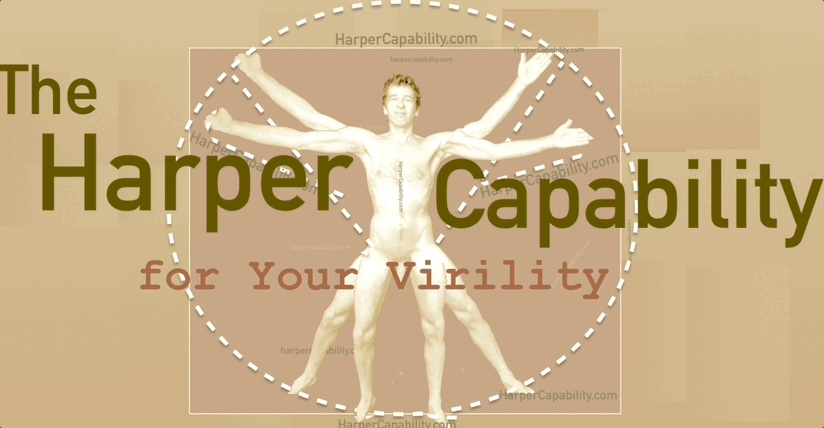naked man torso as logo with the "p" in harper text rotating to read: "harder" and naked man spins round to reveal a bit more - hint about virility