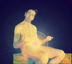 naked man sitting with erection pointing up partly obscured with light glow, but head of penis just visible poking out