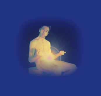 naked man sitting with erection pointing up partly obscured with light glow, but head of penis just visible poking out