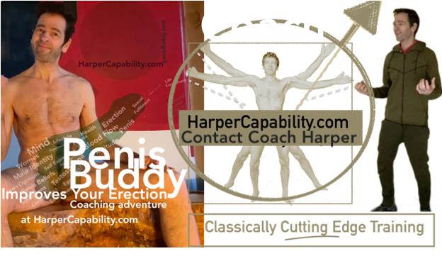 erection coach naked with text covering erect penis along with vitruvian man style image with a clothed man in track suit alongside